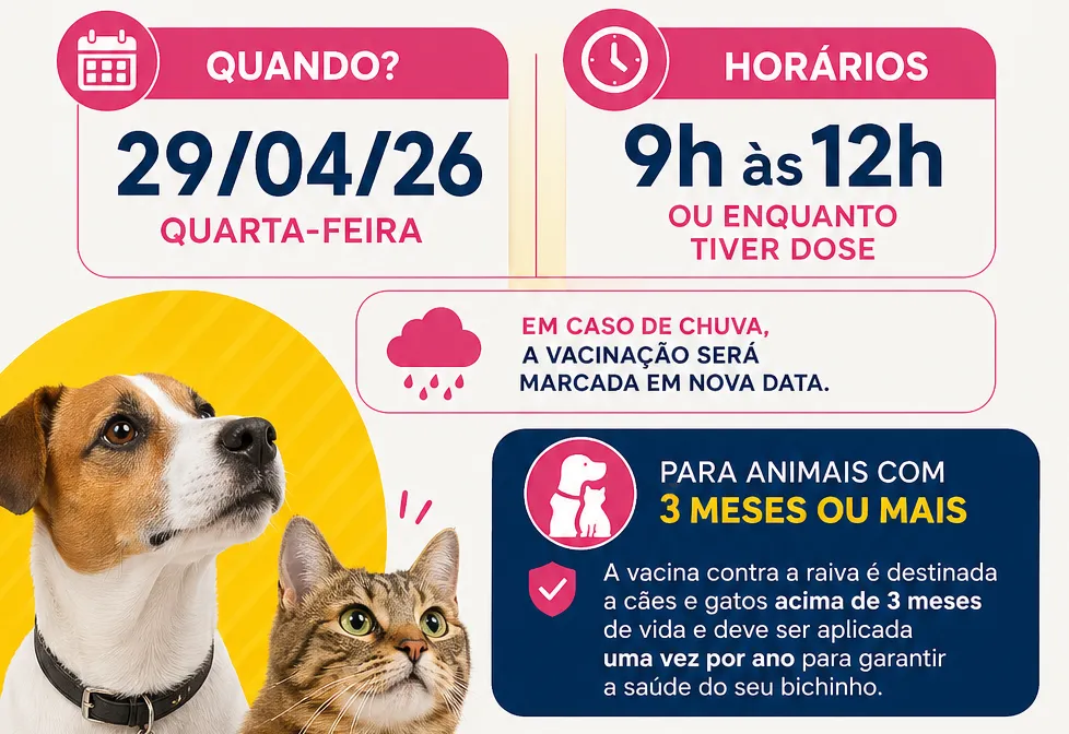 Secretaria de Saúde realiza vacinação contra raiva para cães e gatos no próximo dia 29