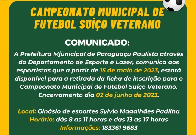 Departamento de Esporte e Lazer vai iniciar inscrições para o Campeonato Municipal de Futebol Suíço Veterano