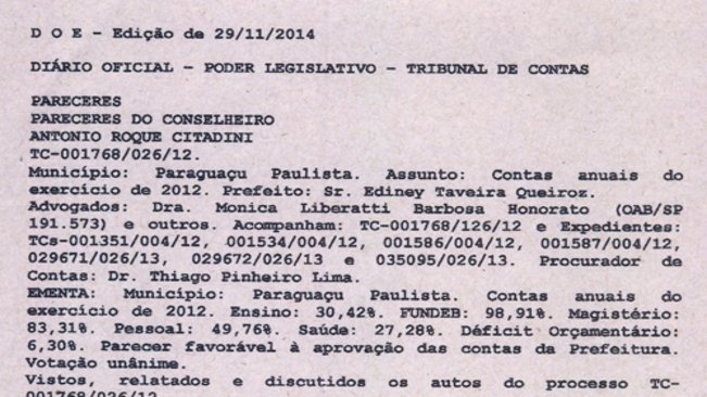 Administração Municipal de Paraguaçu tem contas 2012 aprovadas pelo Tribunal de Contas por unanimidade