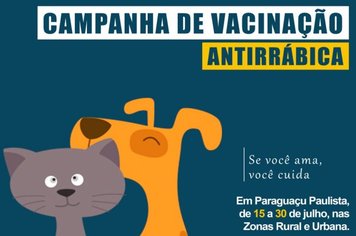 Campanha de vacinação contra raiva em cães e gatos de Paraguaçu será de 15 a 30 de julho